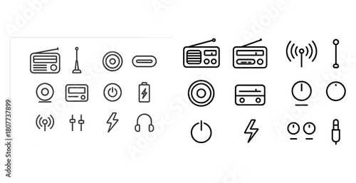 Icon set: radio, antenna, battery, headphones, power symbols in black and white