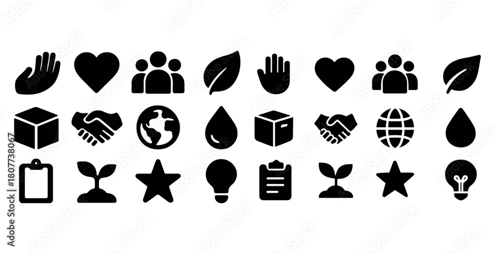 Naklejka premium Collection of black icons: nature, community, and innovation symbols