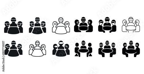 Collection of black and white group icon variations in simple line art style
