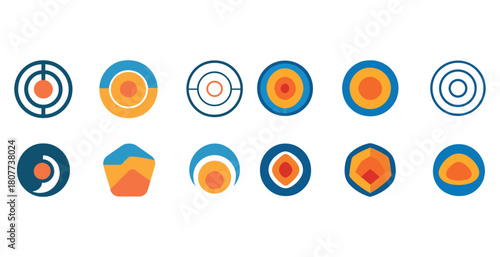 Set of colorful abstract geometric circle designs in blue and orange hues