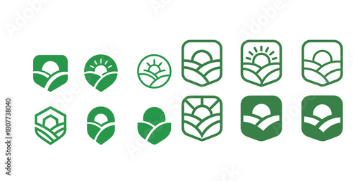 Collection of green nature-inspired icons featuring sun and hills in various geometric shapes