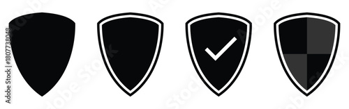 Dark black isolated modern Shield icon set on white background. Graphical safety vector icons on white background. Set of isolated shield graphical icons.  EPS 10. 