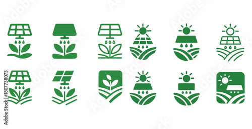 Green energy agriculture icons: solar panels and plant symbols in eco design