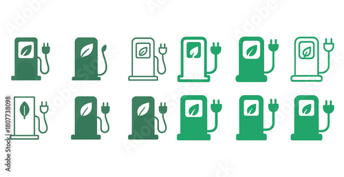 Green electric charging stations icons with leaf symbol indicating eco-friendly energy solutions