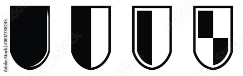 Dark isolated modern graphical shield icons set. Flat secure vector shield icons set. Black logotype shield icons set on white background. EPS 10. 