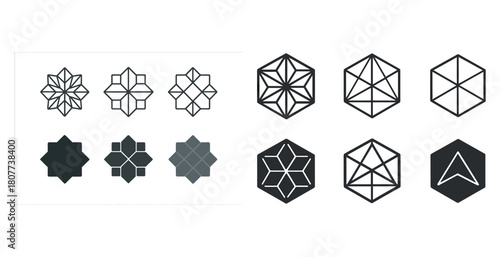 Set of geometric hexagon and star icons in various styles and patterns