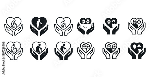 Caregiver and elderly support icons set with heart and hands theme