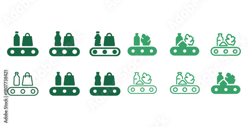 Green conveyor belt icons with bottles and bags in various styles