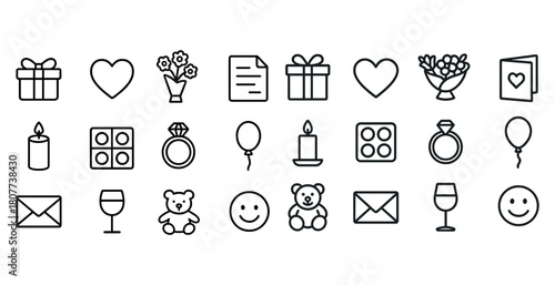 Gift and celebration icons set: gifts, flowers, rings, balloons, candles, smiley faces
