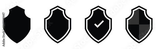 Dark isolated modern graphical shield icons set. Flat secure vector shield icons set. Black logotype shield icons set on white background. EPS 10. 