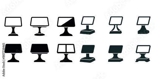 Variety of kiosk icons: monitors on stands and editable designs in silhouette