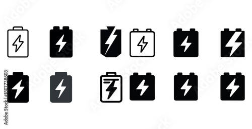 Set of black and white battery icons with lightning bolt symbols