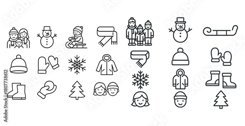 Winter icons collection: family, snowman, clothing, and winter activities