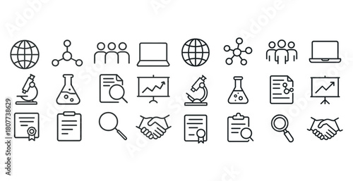 Business and science icons set: globe, laptop, microscope, handshake, document