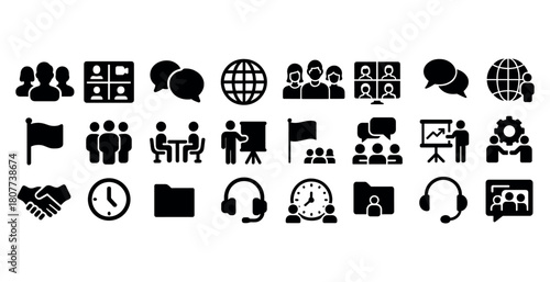 Business communication icons: meeting, collaboration, global networking, presentation, support