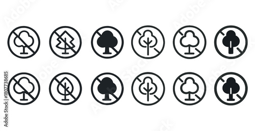 Set of tree icons with prohibition signs in black and white