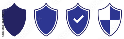 Isolated blue modern vector shield icons. Protection security shield icons set. Shield emblem silhouette icons. EPS 10. 