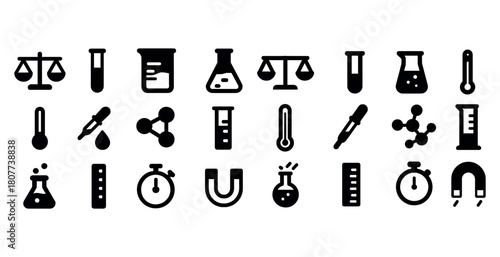 Science icons set: lab equipment, molecular structures, measurement tools