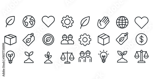 Eco-friendly linear icons set: sustainability, nature, ethics, growth, economy