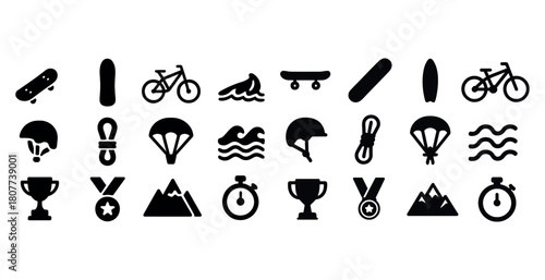 Icon set of sports and outdoor activities including cycling and climbing