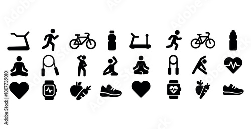 Fitness and exercise icons featuring activities and health symbols