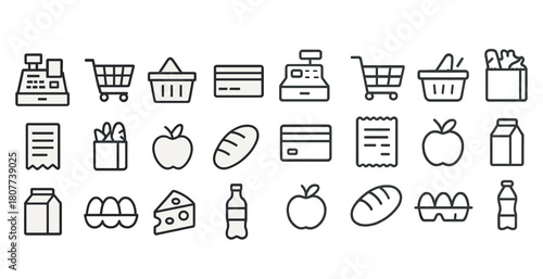 Grocery shopping icons: cart, basket, receipt, apples, milk, credit card, bread, eggs, cheese, bottle