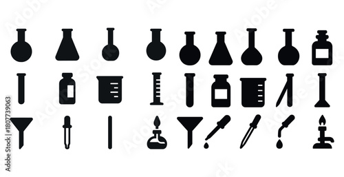 Black silhouette icons of chemistry lab equipment and tools set