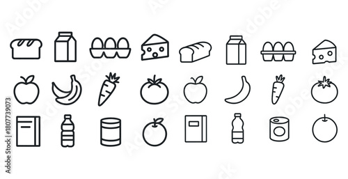Minimalist line art icons of common groceries: milk, eggs, bread, cheese, fruit, vegetables, books, drinks, cans