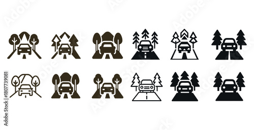 Set of car and road icons with trees and mountains in different styles