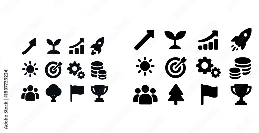 Fototapeta premium Vector icons of growth and achievement: arrow, plant, rocket, coin, trophy, sun, gear, team