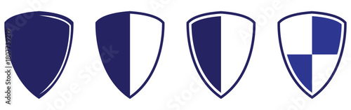 Blue vector isolated shield icons set. Privacy safety shield icons set on white background. Secure safety shield silhouette icons on white background. EPS 10. 