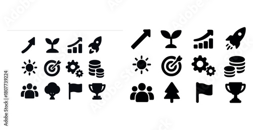 Vector icons of growth and achievement: arrow, plant, rocket, coin, trophy, sun, gear, team