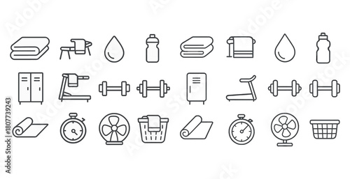 Fitness and gym equipment icons: treadmill, dumbbell, yoga mat, stopwatch, locker