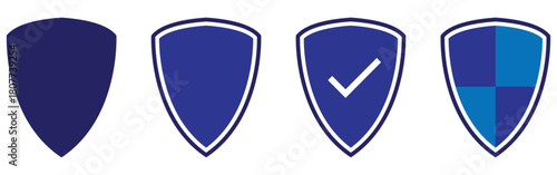 Blue vector isolated shield icons set. Privacy safety shield icons set on white background. Secure safety shield silhouette icons on white background. EPS 10. 