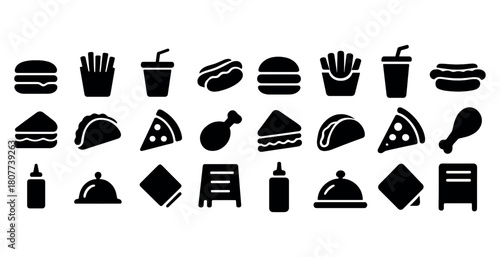 Assorted black silhouette icons of fast food and restaurant items