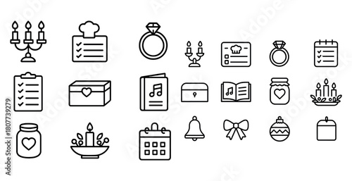 Outlined icons for weddings: rings, music, calendars, and decorations