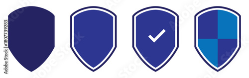 Blue vector isolated shield icons set. Privacy safety shield icons set on white background. Secure safety shield silhouette icons on white background. EPS 10. 