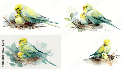 Soft watercolor illustration of parakeets resting in a nest with leafy accents. Gentle bird family artwork featuring pastel tones ideal for nature themes and decor.