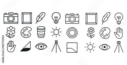 Minimalistic icon set featuring camera, frame, and art elements