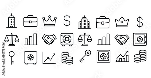 Business and finance icon set: office, money, security, and growth symbols