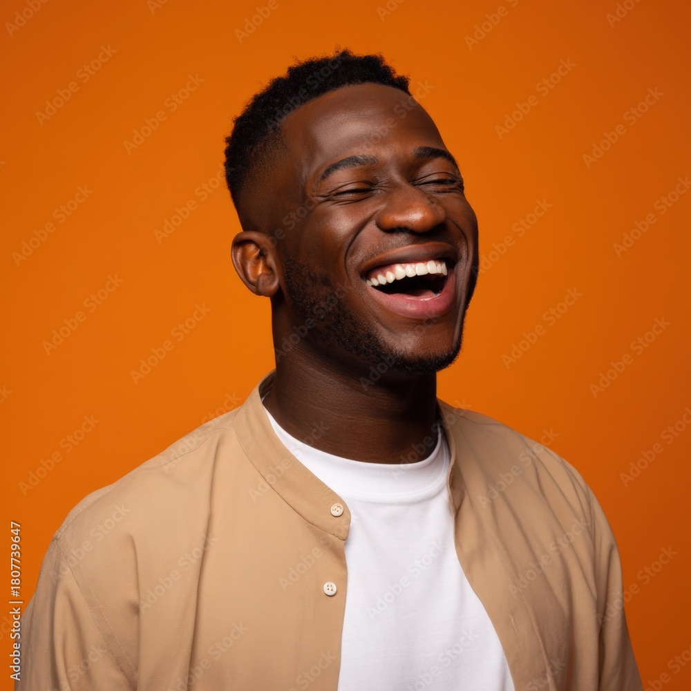 Obraz premium Joyful young african male laughing against orange background