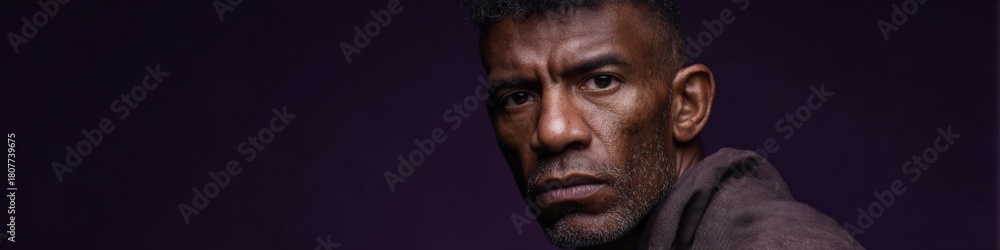 Obraz premium Mature african male in thoughtful pose against dark purple background