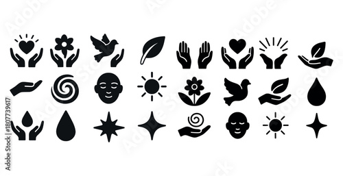 Collection of nature and wellness icons with hands, hearts, and symbols
