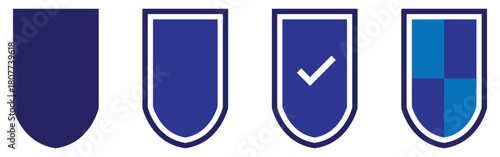 Secure safety shield silhouette icons on white background. Blue vector isolated shield icons set. Privacy safety shield icons set on white background. EPS 10. 