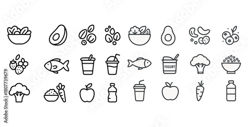 Assorted food icons: avocado, fish, carrot, yogurt, apple, berry illustrations