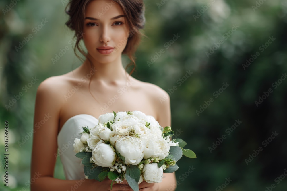 Naklejka premium Beautiful young caucasian female bride holding elegant white flower bouquet outdoors