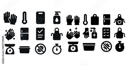 Kitchen hygiene and safety icons: gloves, thermometer, apron, disinfection, food storage