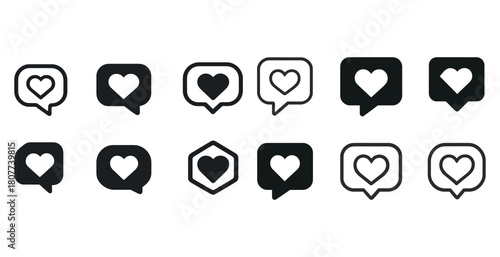 Set of black and white heart icons in various speech bubble designs