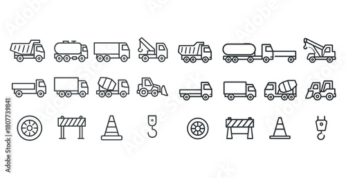Outlined icons of construction trucks and equipment with traffic cones and barriers