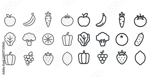 Set of fruit and vegetable icons: apple, banana, carrot, tomato, broccoli, pepper, lemon, grape, strawberry, cucumber